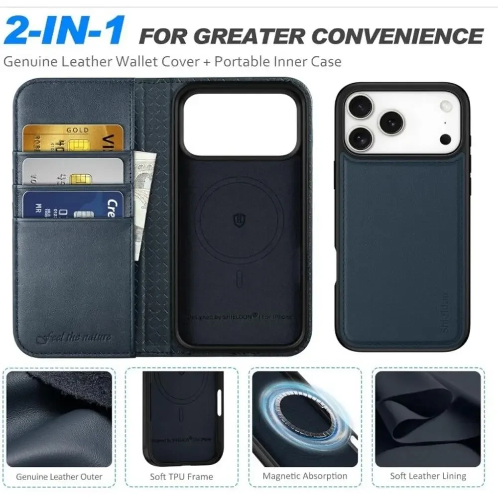 SHIELDON 2 in 1 Wallet Case for iPhone 17 Pro Max 6.9-inch | Dark Blue